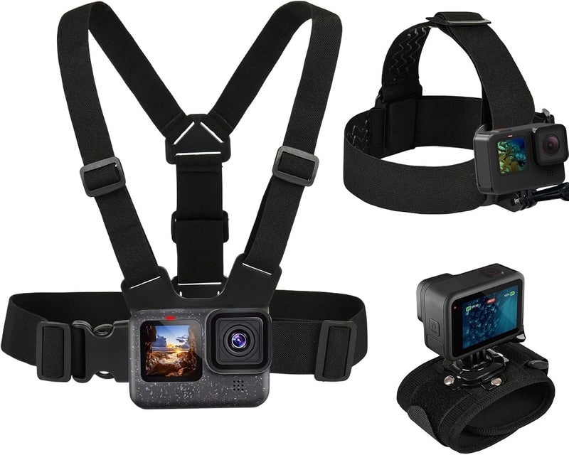 GOLRTRAL مجموعة ملحقات 3 في 1 لجهاز GoPro Hero 13 12 11 10 9 8 7 6 5 4 3 بلاك، حزام تثبيت على الصدر/حزام رأس/حزام معصم دوار 360°، مجموعة ملحقات مرنة قابلة للتعديل - Image 1
